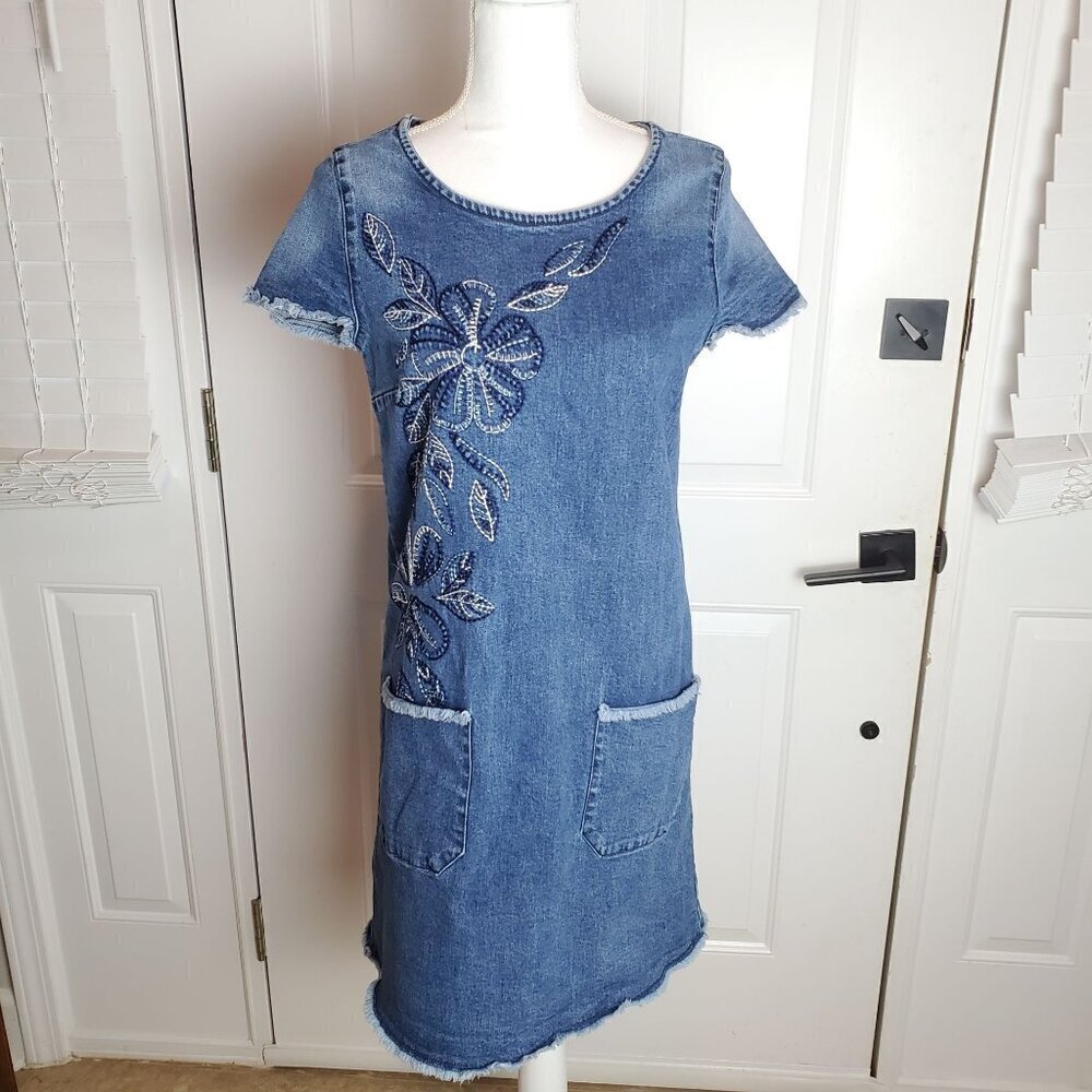 Nanette Lepore Denim‎ Shift Dress Womens Small Short Sleeve Floral Embroidery